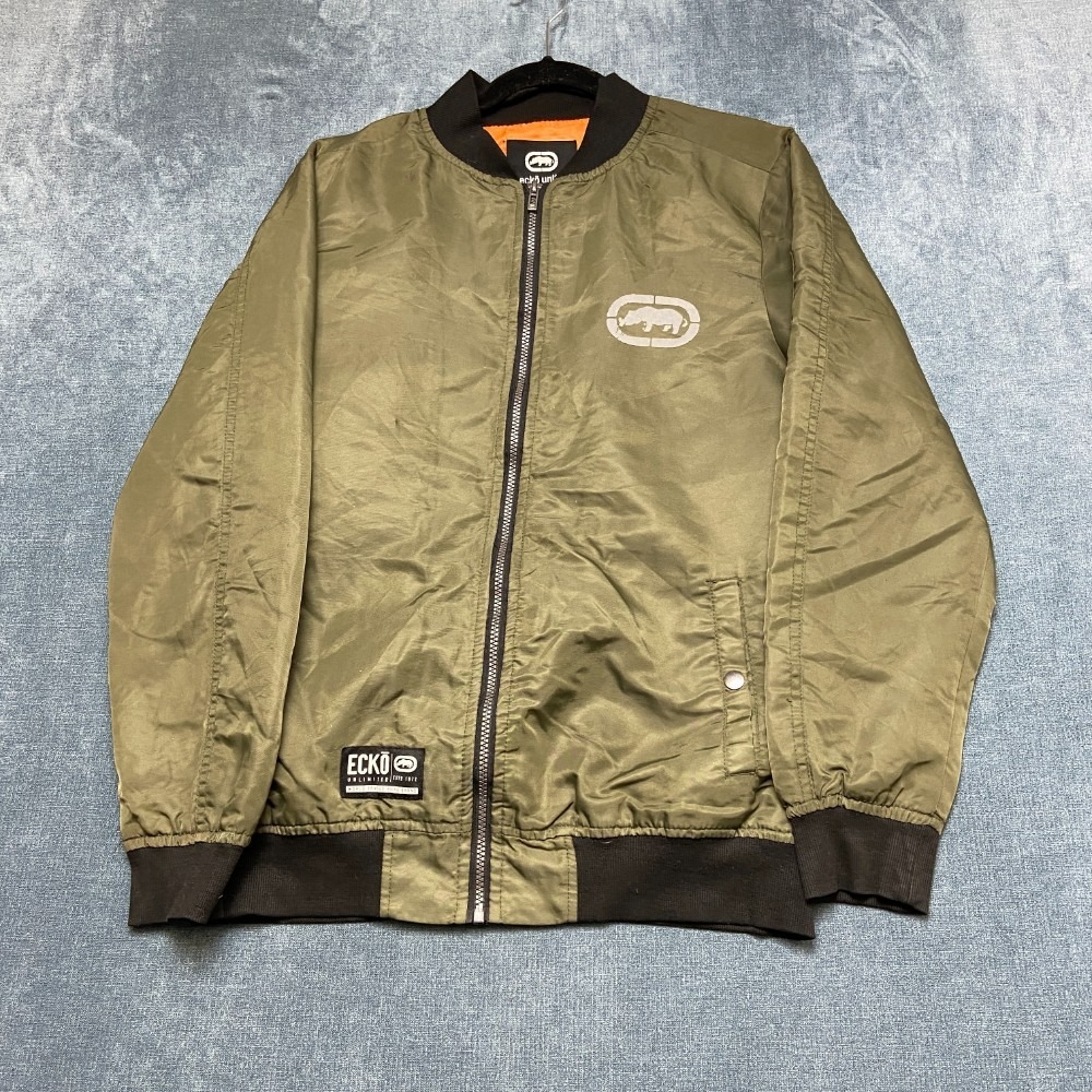 Vintage Ecko Unltd. Bomber Jacket Mens Small Olive Green Orange Lined Full Zip
